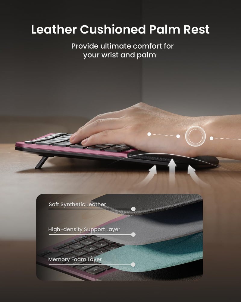 ProtoArc Ergonomic Wireless Keyboard Mouse, EKM01 Plus Full Size Ergo Bluetooth Keyboard Mouse Combo, Split Design, Wrist Rest, Multi-Device, Rechargeable, for Windows/Mac OS - Wine Red - Image 3